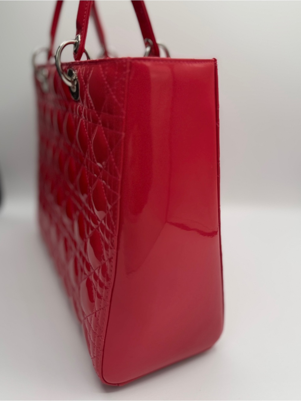 Authentic Christian Dior Large Lady Dior Patent Cannage Pink Red Patent Leather - Picture 4 of 16